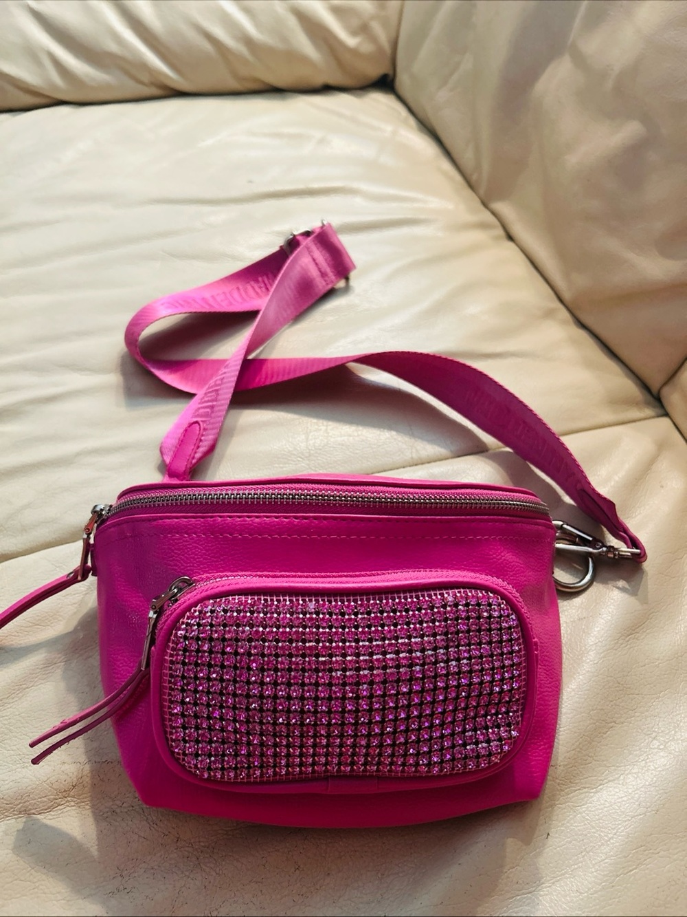 MADDEN NYC Pink Rhinestone Belt Bag with Adjustable Strap & Zip Closure